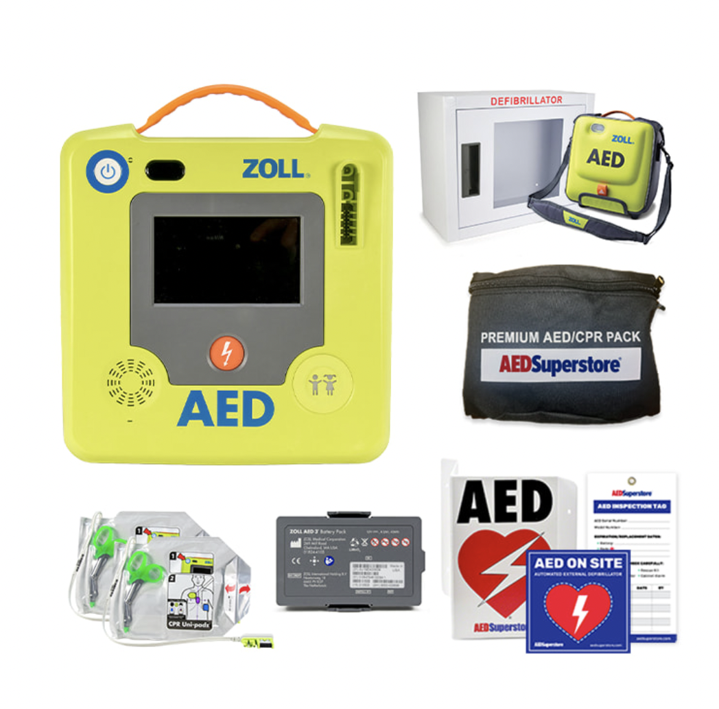 ZOLL AED 3 unit showing high-resolution color touchscreen with pediatric mode toggle and CPR dashboard