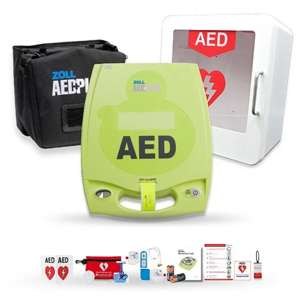 ZOLL AED Plus defibrillator unit in bright green casing with Real CPR Help feedback sensor and carrying pack